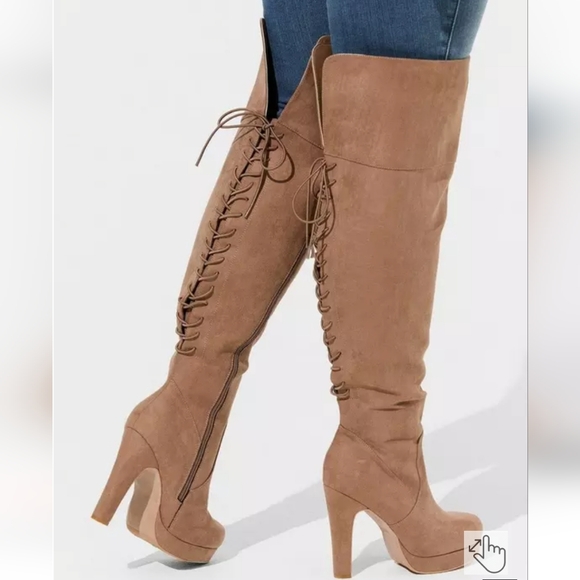 Torrid Tan Over the Knee Boots with Lace-Up Detail - Picture 1 of 6
